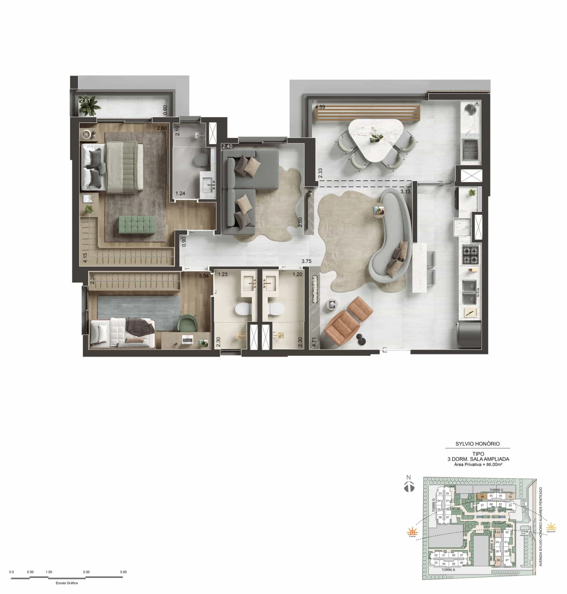 Planta do apartamento tipo de 86 m² com 3 dormitórios e sala ampliada