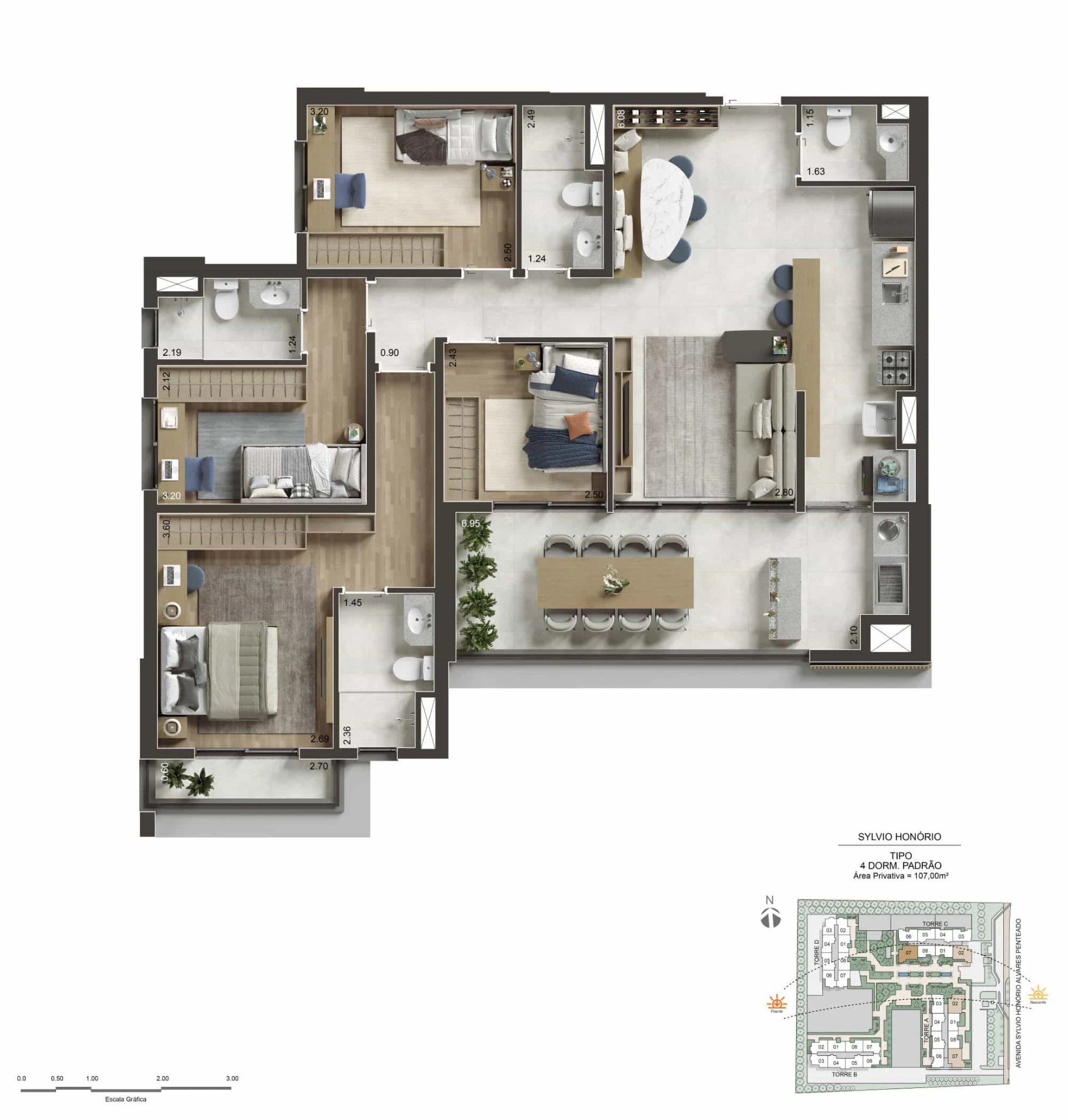 Planta do apartamento tipo de 107 m² com 4 dormitórios