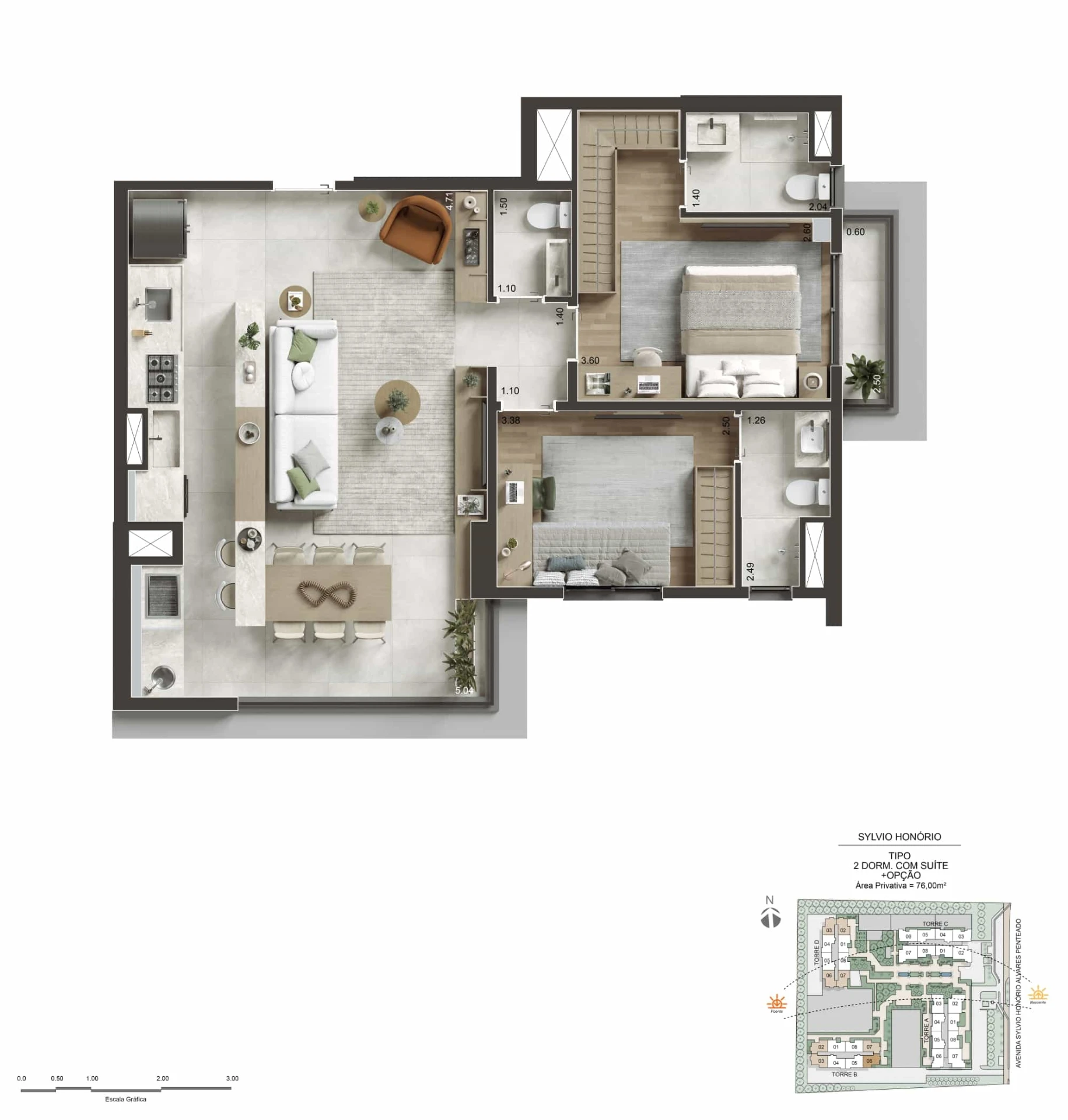 Planta do apartamento tipo de 76 m² com 2 dormitórios com suíte, opção de 3º dormitório