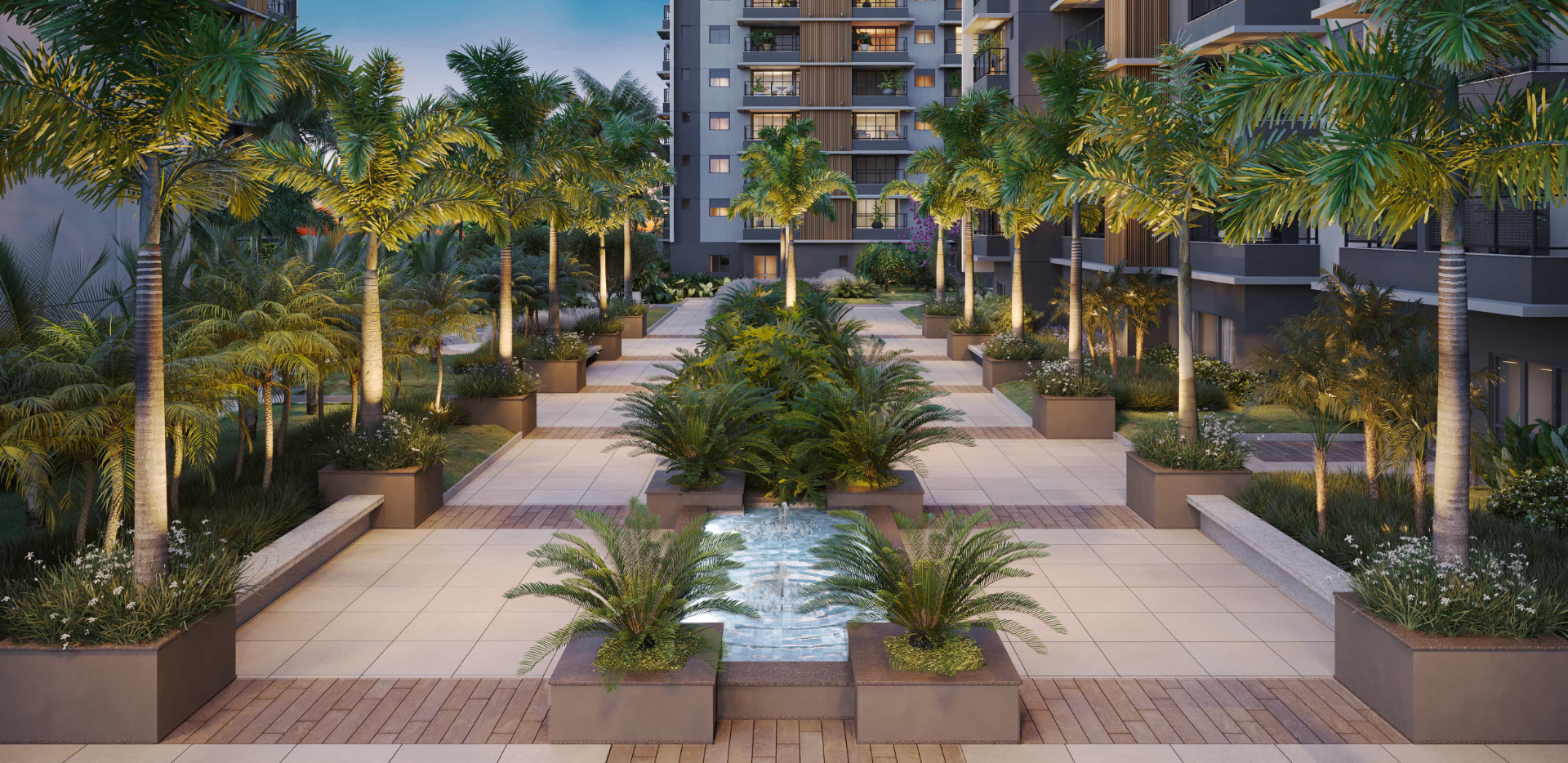 Acqua Boulevard com palmeiras e fonte