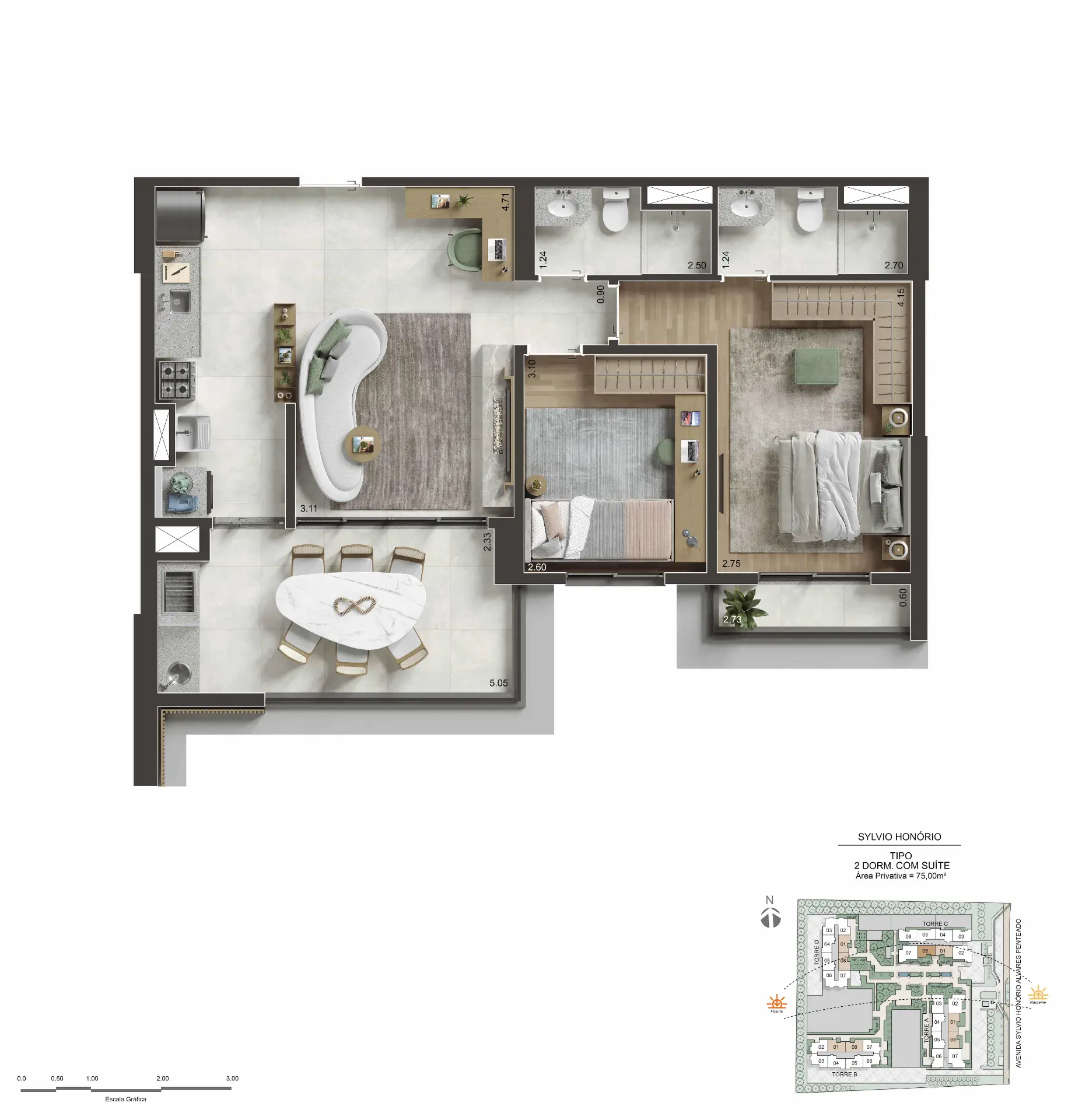 Planta do apartamento tipo de 75 m² com 2 dormitórios e suíte