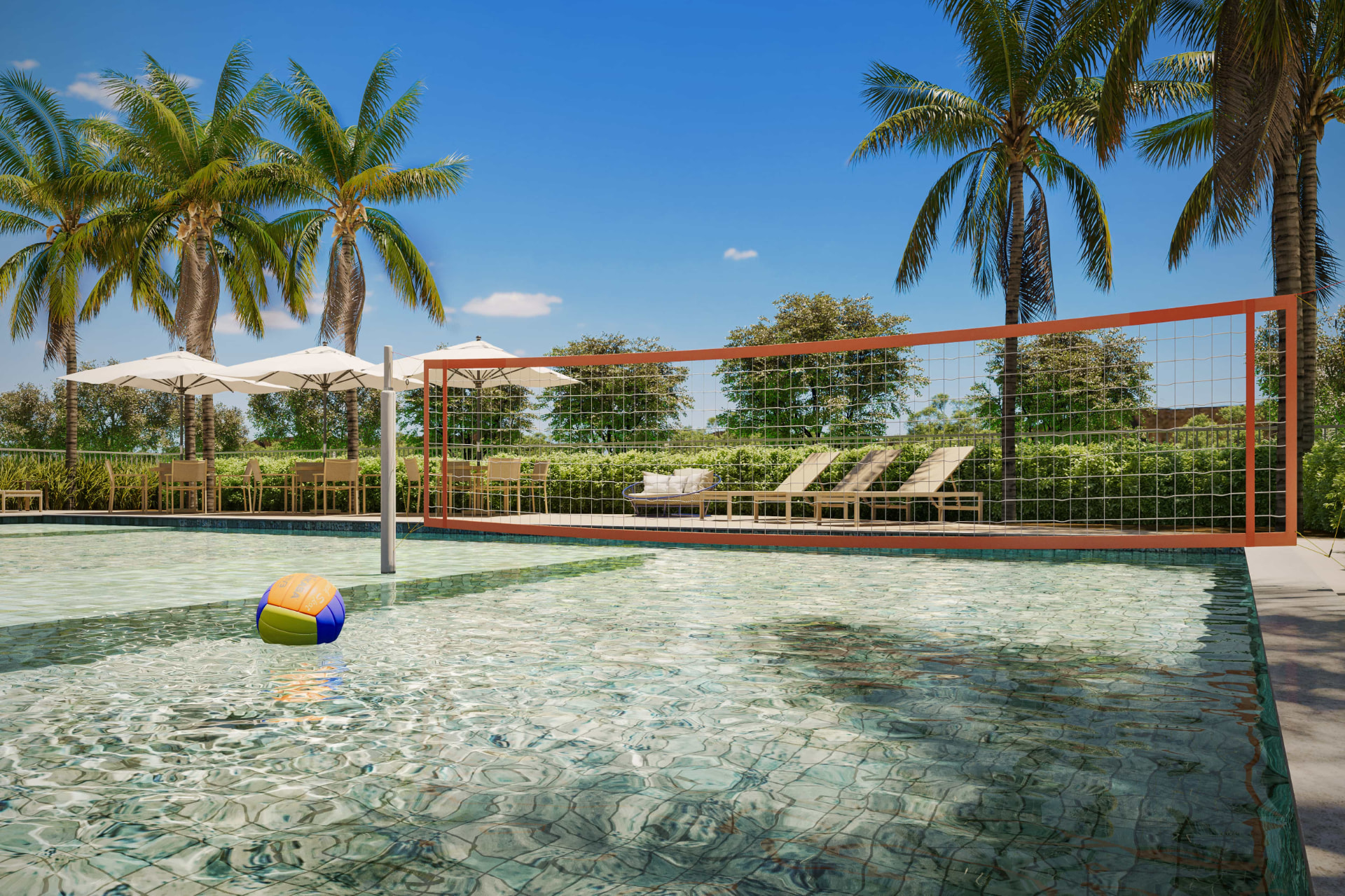 Piscina com rede de biribol